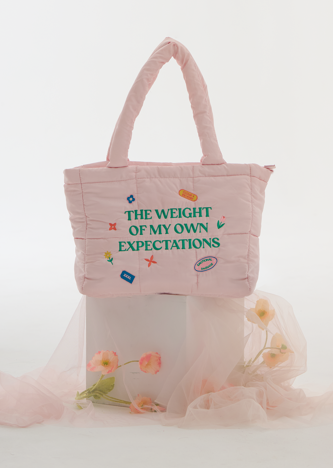The Weight of My Expectations Puffer Tote Bag - Blush Pink