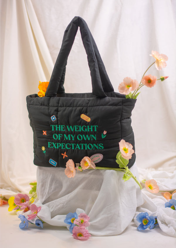 The Weight of My Expectations Puffer Tote Bag - Black