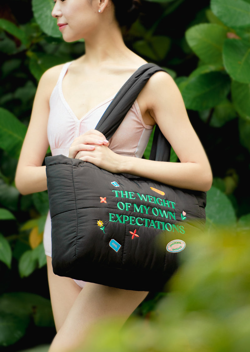 The Weight of My Expectations Puffer Tote Bag - Black